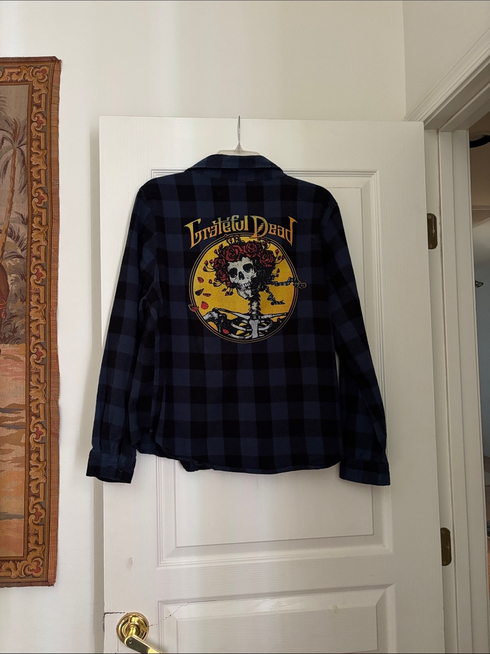 VTG Style Grateful Dead Navy & Black Plaid Flannel with Yellow Skull Graphic SzL